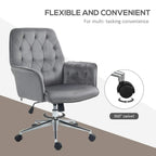 Dark grey upholstered swivel desk chair with armrests, 360° turn, and caster base