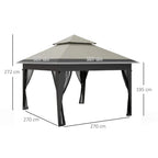 Light grey pop-up gazebo with dark legs and curtains, roof and side size diagram