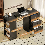 Black home office desk with open compartments, 3-tier shelves, and 3 drawers