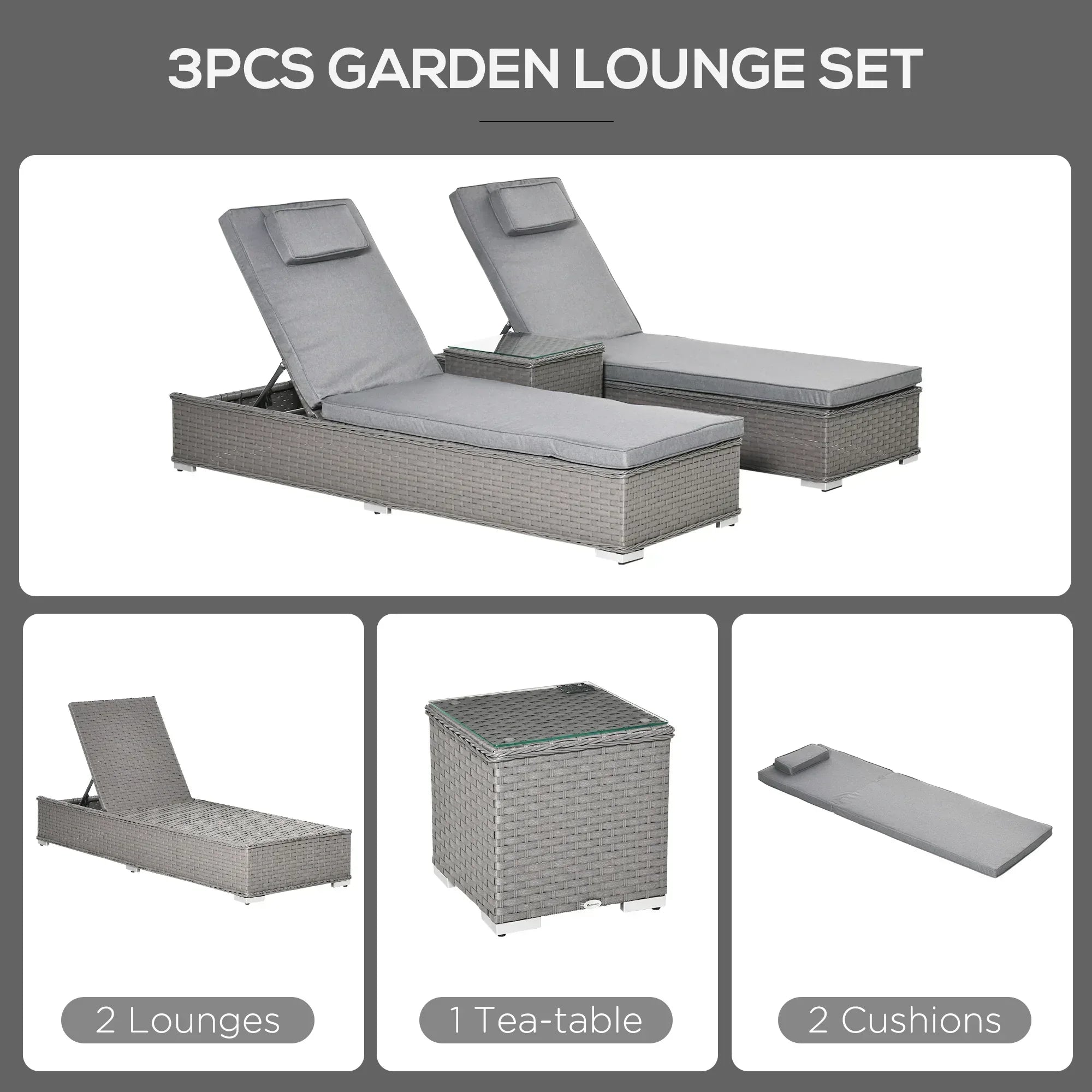 3 Pieces Rattan Sun Lounger Set with Aluminium Frame, 5-Position Adjustable Reclining Garden Chairs and Glass Top Table, Wicker Garden Furniture Daybed with Cushions for Patio, Grey - Bobobiy