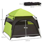 Lime-green and black pop-up pet tent with front mesh door and dimensions