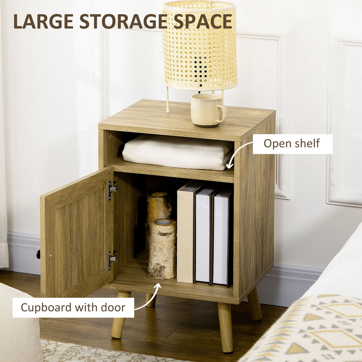 Homcom Bedside Table with Rattan Element, Side End Table with Shelf and Cupboard, 39cmx35cmx60cm, Natural