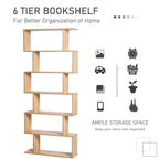 Oak 6-tier S-shaped bookshelf with multiple open storage compartments for books and decor