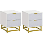 Set of 2 bedside tables with 2 drawers, white and grey fronts, gold metal legs
