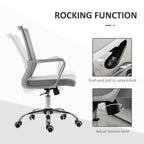 Grey office chair with rocking function control, padded seat, mesh back, and swivel casters