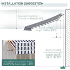 Manual retractable awning with crank handle, showing adjustable installation illustration