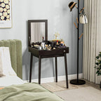 Black dressing table with flip-up mirror, two drawers, and pine wood legs