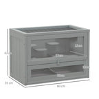Grey wooden small animal hutch cage with mesh top, front door and labeled dimensions