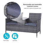 Grey 2-seater outdoor bench with removable cushion covers and center table