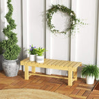 Natural fir wooden slat garden bench with thick legs and tabletop seat planks