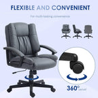Dark grey mid-back office chair with 360 swivel base and smooth-rolling casters