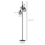 Black 3-light floor lamp, 170.5 cm tall, wire cage shades on slim pole