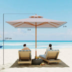 Open grey square parasol with orange support ribs and a wooden center pole.