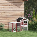 Outdoor rabbit hutch and small run with black roof, maroon walls, white trim, mesh