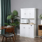 White freestanding kitchen cabinet in a room setting with open counter and storage doors