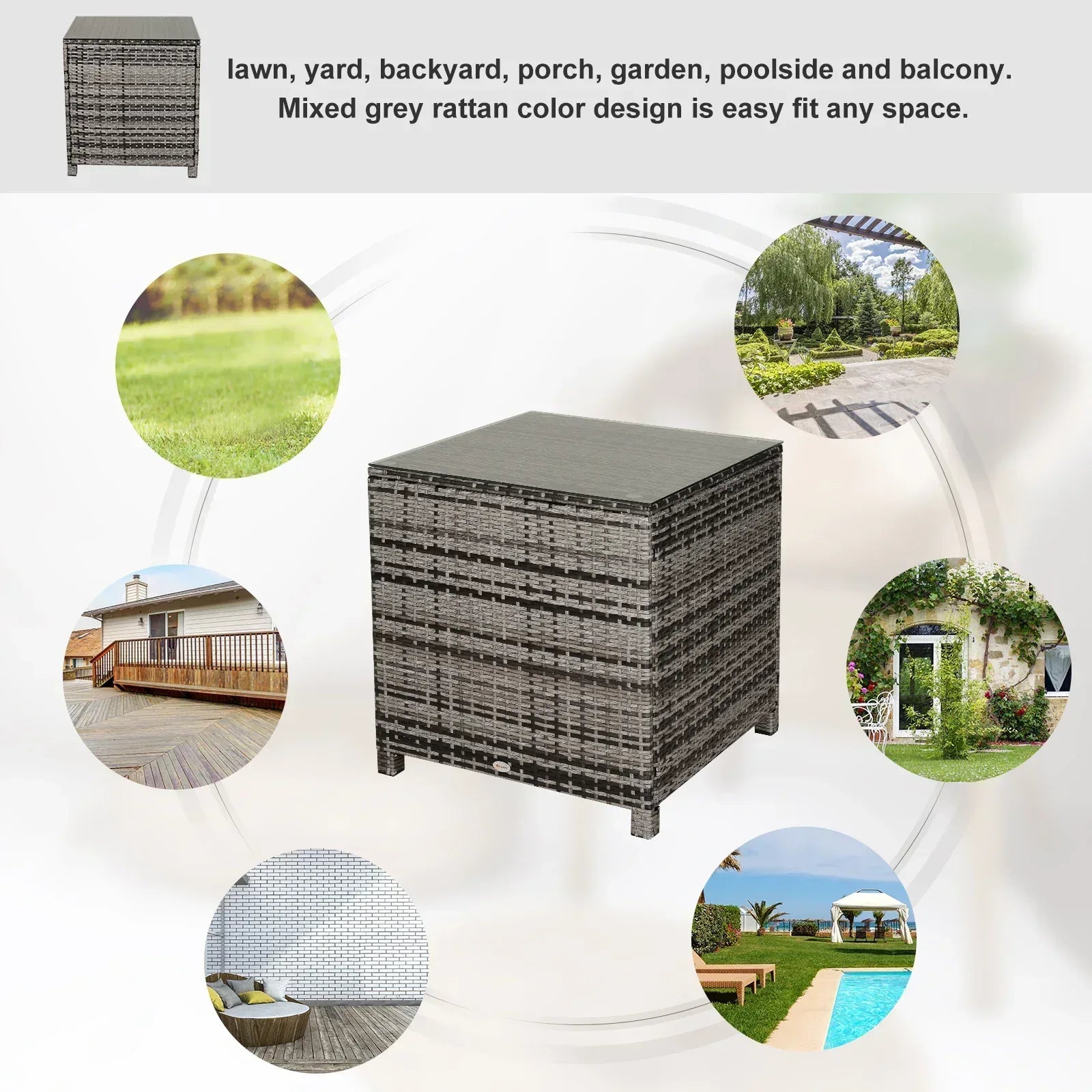 Square PE Rattan Garden Table, with Glass Table Top - Grey - Bobobiy