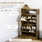 Rustic brown entry shoe storage cabinet with open shelf and two drawers