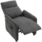 Dark grey push-back recliner armchair with padded back, footrest, and armrests