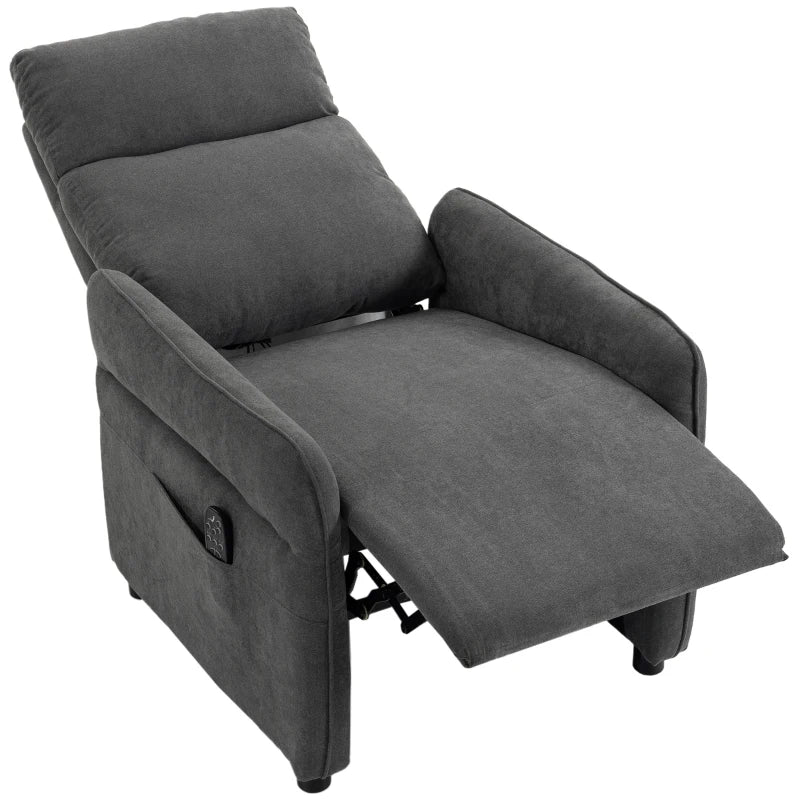 Dark grey push-back recliner armchair with padded back, footrest, and armrests