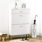 White slim shoe storage cabinet with three drawers and gold-accented legs