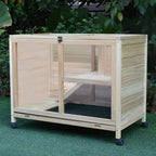 Natural fir wood indoor small animal hutch with open front and internal shelf