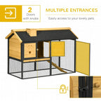 Outdoor rabbit hutch with run, multiple entry doors, black wire mesh, wooden frame