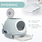 Blue enclosed cat litter box showing circular entry and open front drawer tray