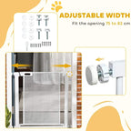 White pet safety gate kit with mounting parts and mesh panel