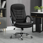 Black fabric executive office chair with padded back, seat, armrests, and chrome base
