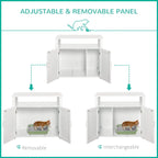 White wooden cat litter box enclosure with adjustable/removable interior panel