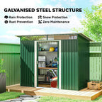 Green metal storage shed with open double doors and interior shelving
