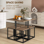 Space-saving dining table with brown top and black metal frame, with matching stools