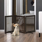 Brown freestanding dog gate with vertical slats and two foldable panels on feet
