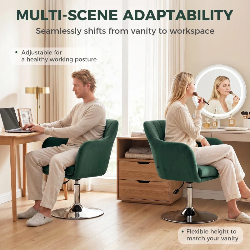Dark green velvet swivel tub chair for vanity or workspace seating