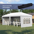 White pop-up party gazebo with sidewalls, window panels, and open entry