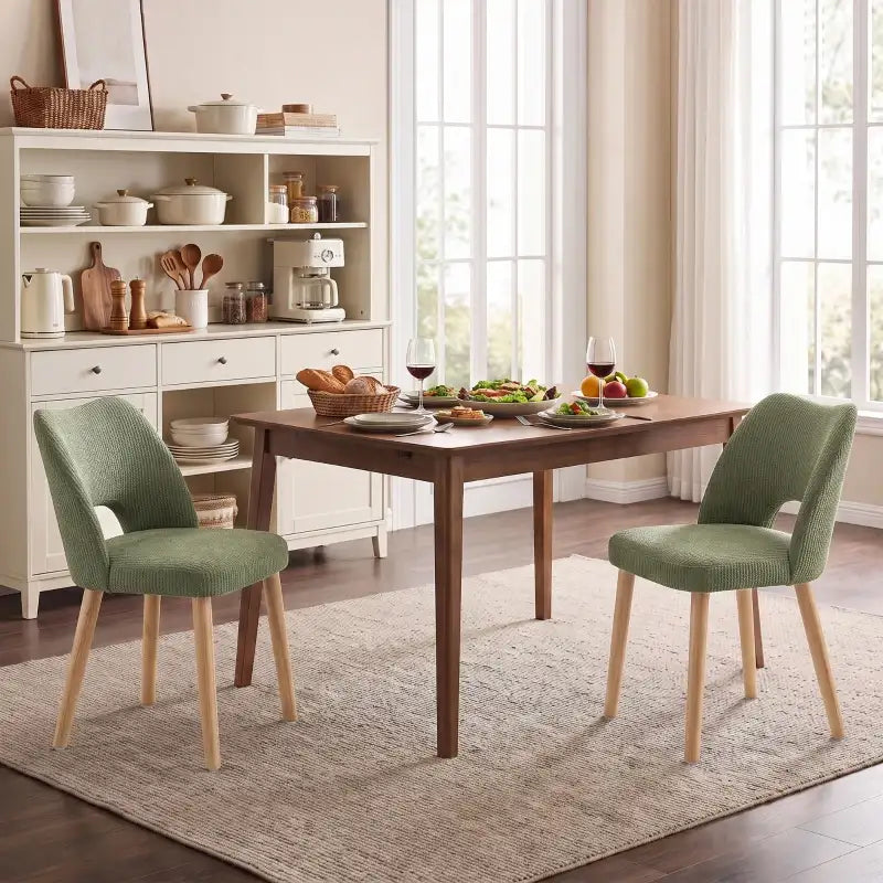 Two green upholstered dining chairs with curved backs, foam seats, and light wood legs
