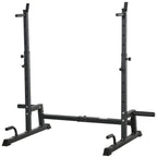 Black power rack stand with adjustable uprights and J-hook bar supports