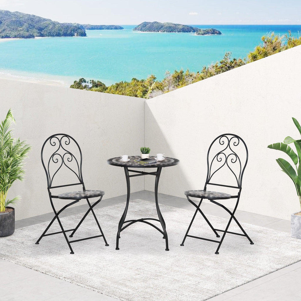 3 Pieces Garden Bistro Set with Coffee Table and 2 Folding Single Chairs, Mosaic Garden Table Top and Seats, Metal Frame, for Patio Balcony, Black - Bobobiy
