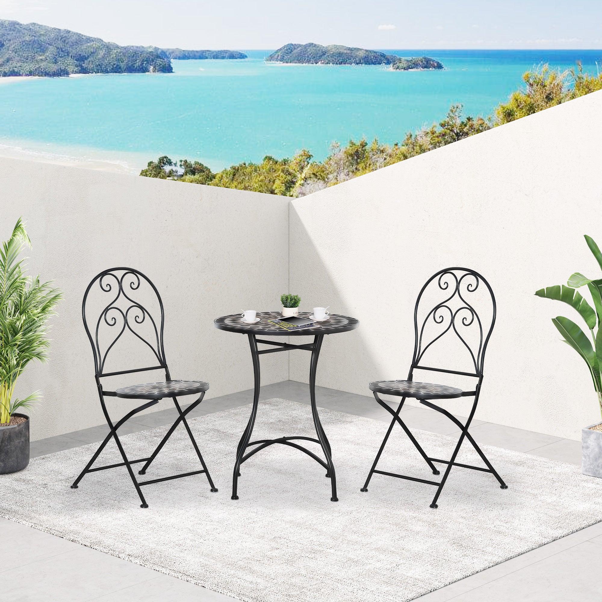 3 Pieces Garden Bistro Set with Coffee Table and 2 Folding Single Chairs, Mosaic Garden Table Top and Seats, Metal Frame, for Patio Balcony, Black - Bobobiy