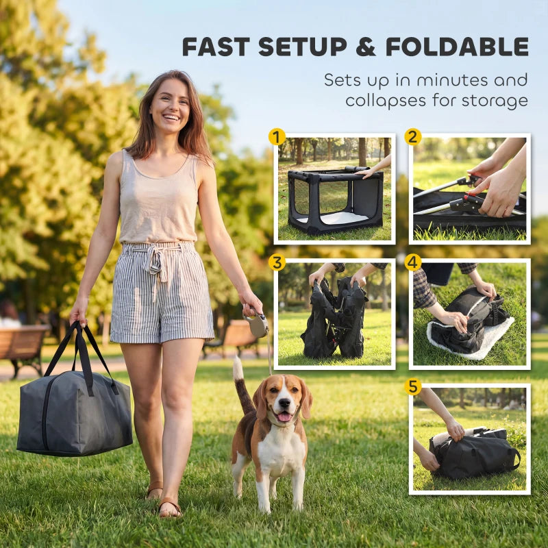 Foldable soft-sided pet travel crate with mesh windows and zippered openings