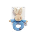 Blue rabbit plush ring rattle with floppy ears and fabric ring teether
