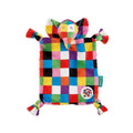Multicolor checkered comfort blanket with plush elephant face and dangling feet