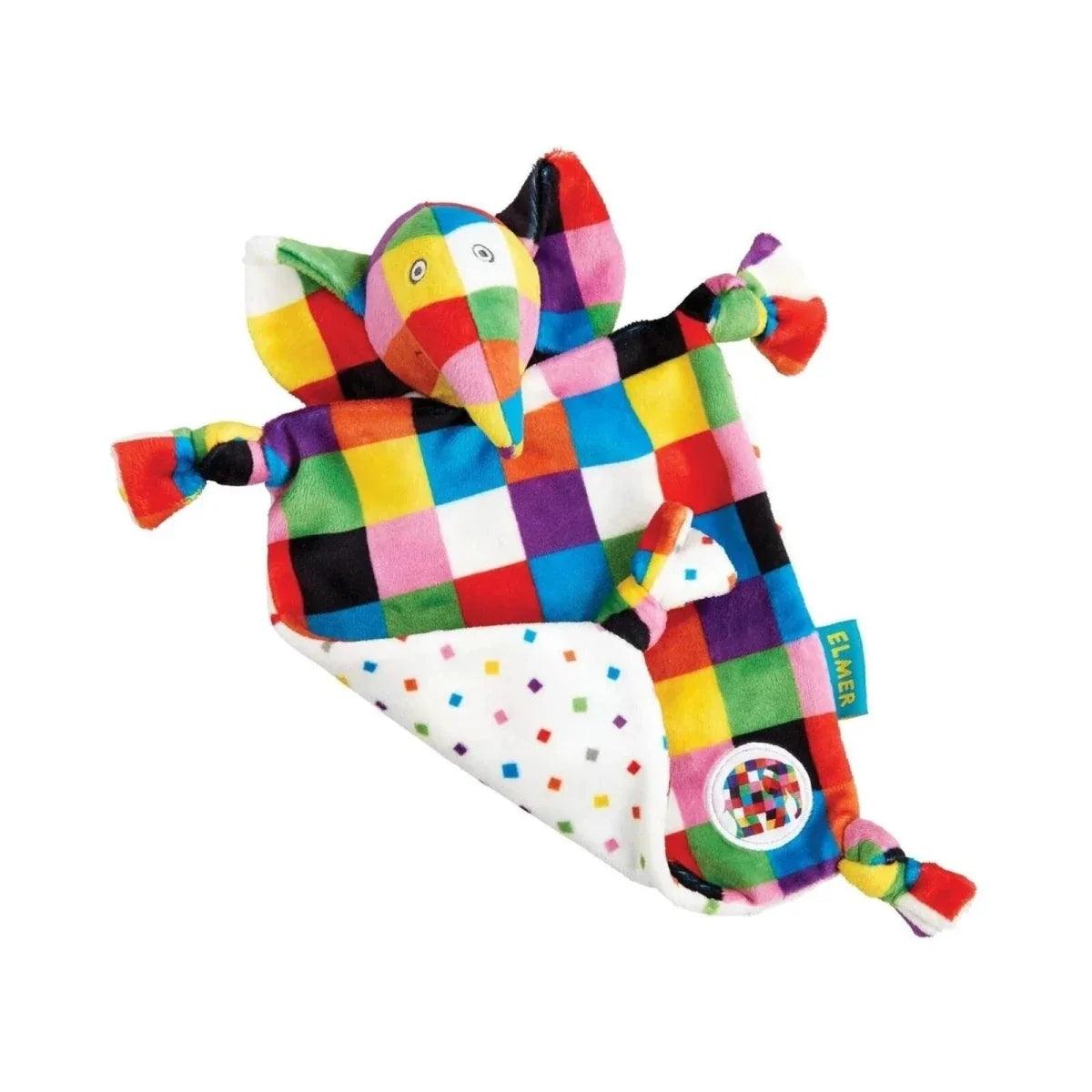 Multicolor checkered comfort blanket draped with plush elephant face and corner tag
