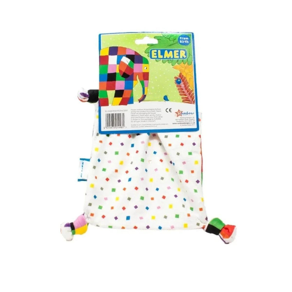White comfort blanket with multicolor speckle pattern and plush corner feet