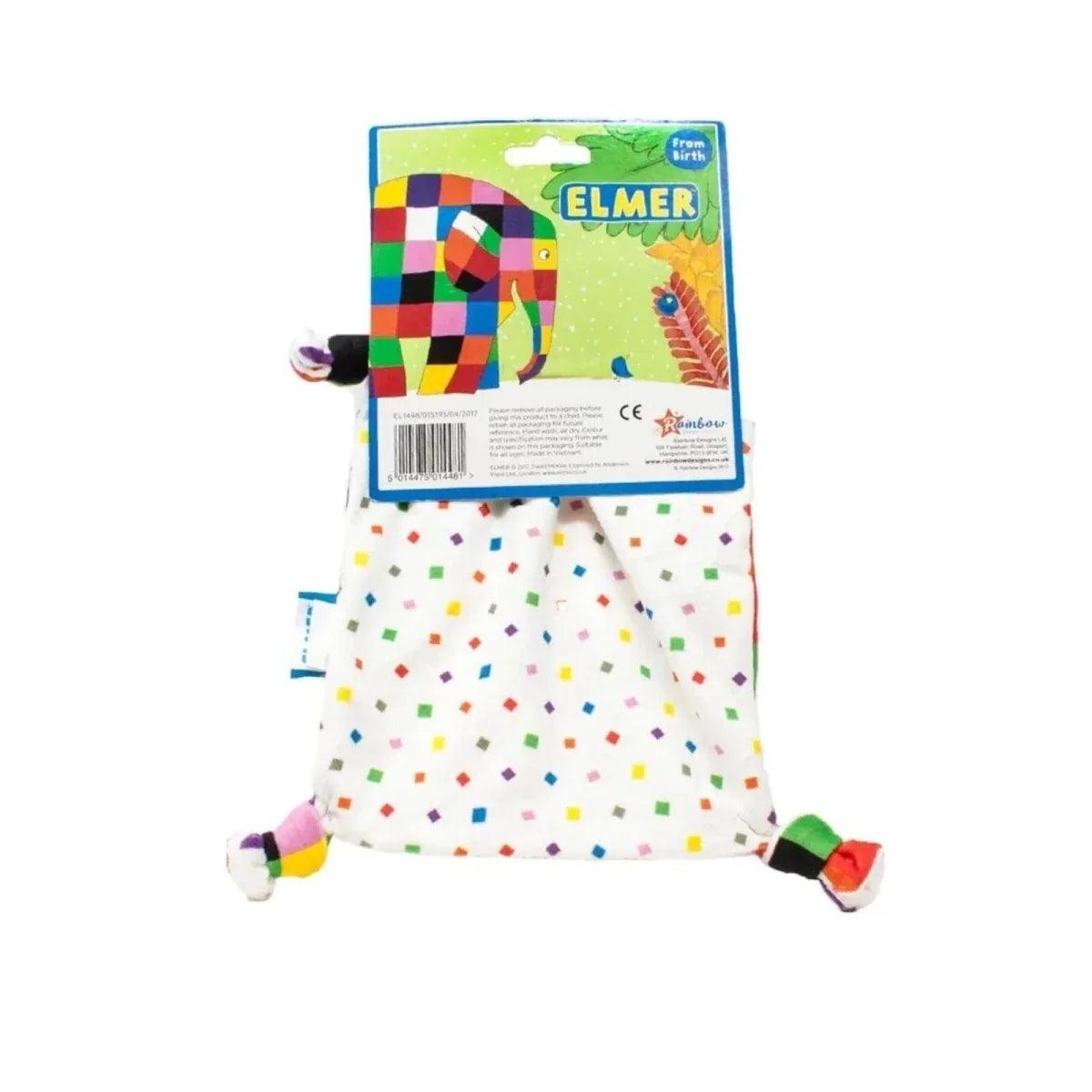 White comfort blanket with multicolor speckle pattern and plush corner feet