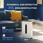White portable dehumidifier on floor mat with front vertical air outlet panel