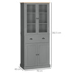 Grey tall kitchen pantry cupboard with glass doors, drawers, and lower cupboard doors