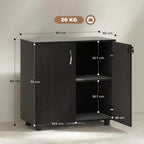 Black cabinet with two-door front and open interior shelves; side view with dimensions