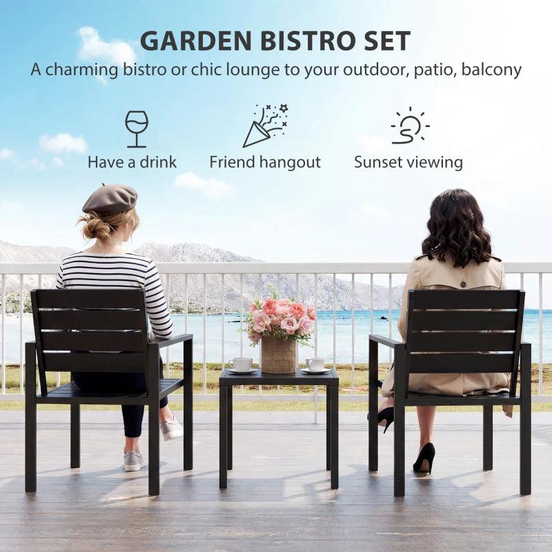 Black bistro table and two matching chairs with slatted backs and seats