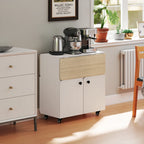 White folding dining table with light wood top, two cabinet doors, on casters